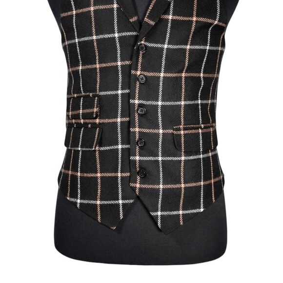 Mens Waistcoat Suit Lapel Vest 40R Black Beige Plaid Check Wool Formal Wedding - Picture 5 of 9